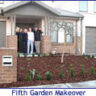 A group of people standing in front of a house with the words fifth garden makeover.
