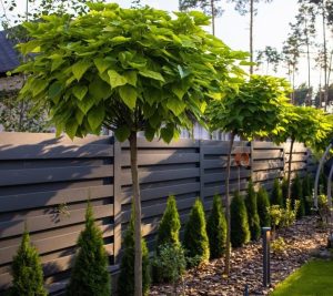 The elegant Catalpa 'Indian Bean Tree' Standard, standing at 1.2m in a 13" pot, displays its dense green foliage along a modern gray fence. It is surrounded by neatly trimmed shrubs and decorative plants on a sunny day.