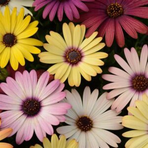 The Osteospermum 'Akila Canyon Mix' African Daisy features a range of daisy-like flowers in vibrant shades of yellow, pink, red, and white with dark centers.