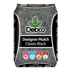 Bag of Debco Designer Mulch Classic Black 40L, with icons indicating it decorates gardens, conserves water, restricts weeds, and insulates soil.