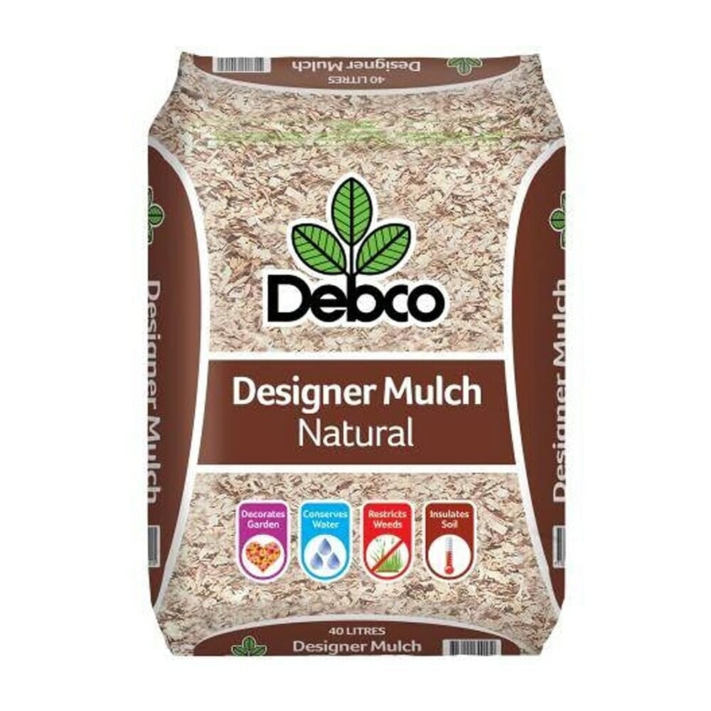 Bag of Debco Designer Mulch Natural 40L. This premium mulch is perfect for decorating gardens, conserving water, restricting weeds, and insulating soil.