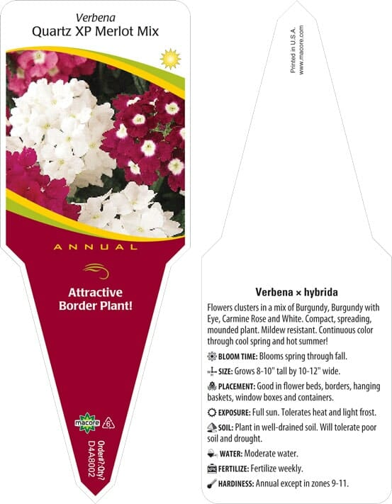 Plant tag for Verbena Quartz 'Merlot Mix', showcasing vibrant white, burgundy, and pink flowers. It includes details on growing conditions, bloom time, exposure, and care instructions.