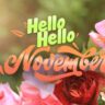Bouquet of red and pink roses with "Hello Hello November" written in colorful text overlay, capturing the charm of November in the Garden.