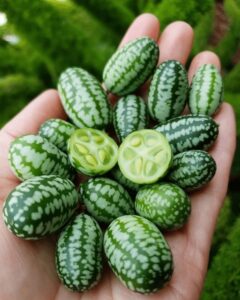 A hand holds multiple small, green cucamelons with patterns like mini watermelons; two are sliced open to reveal their juicy interior. Grown in a 3" pot, these delightful fruits are called Mexican sour gherkins.