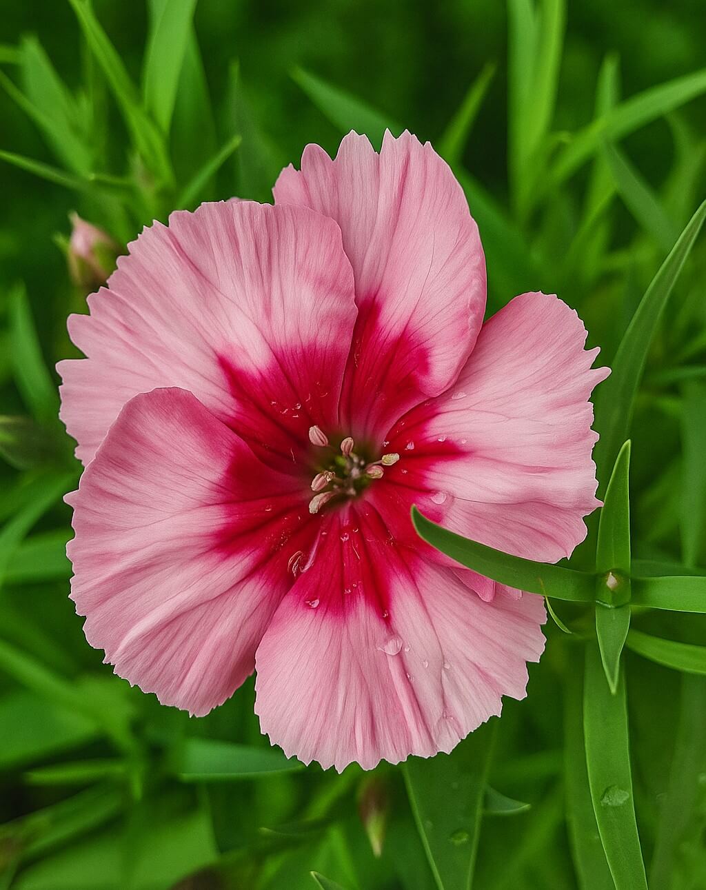 A close-up of Dianthus 'Raspberry Parfait' in a 4" pot shows its vibrant blooms with dark pink centers, surrounded by green leaves and water droplets on the petals.