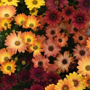 A lush blend of daisy-like flowers in yellow, orange, and dark red hues with green foliage, evoking the vibrant Osteospermum 'Akila Sunset Shades' African Daisy.