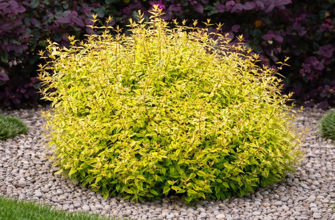 A round, dense Abelia 'Kaleidoscope' (Glossy Abelia) with bright yellow-green leaves is planted among small grey pebbles, set against a backdrop of darker foliage.