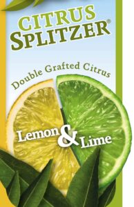 Label features a split image of lemon and lime with fresh green leaves below and the text: “Citrus Splitzer 'Lemon and Lime' 4L Pot.”.