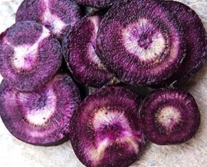 Carrot 'Black Nebula' 4" Pot, featuring sliced roots with distinctive white and purple concentric rings, shown on a neutral background.