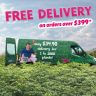A green delivery van with plant graphics advertises free plant delivery on orders over £399 and £34.90 for 1 to 1000 plants. The van is parked in a lush field of green plants.