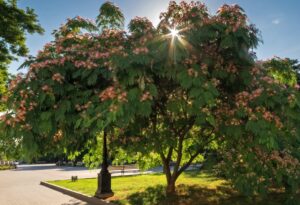 Sunlight streams through the branches of an Albizia 'Persian Silk Tree' (Field Dug Large), lighting up its pink blossoms beside a black lamppost and benches in a sunny park.