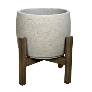 grampians barrel pot for feature plants with wooden leg stand