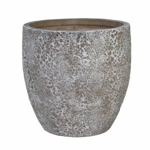 The SeaLite Clovelly Planter Driftwood L (49x47cm) features a round, textured grey design with a rough, speckled surface and comes empty, without plants or decorations.