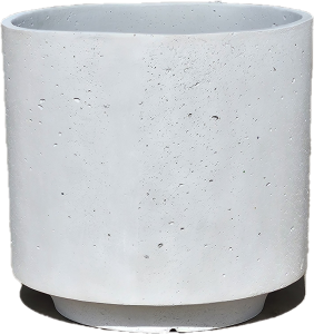 The Grampians Cylinder White S 28x28cm planter features a plain cylindrical shape with a matching saucer and a textured surface decorated with small holes and speckles.