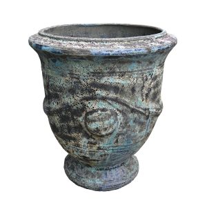 Large Seafoam French Urn Aqua planter, 60x67cm, with a weathered ceramic finish, round base, wide opening, and textured greenish-blue and black spotted surface.