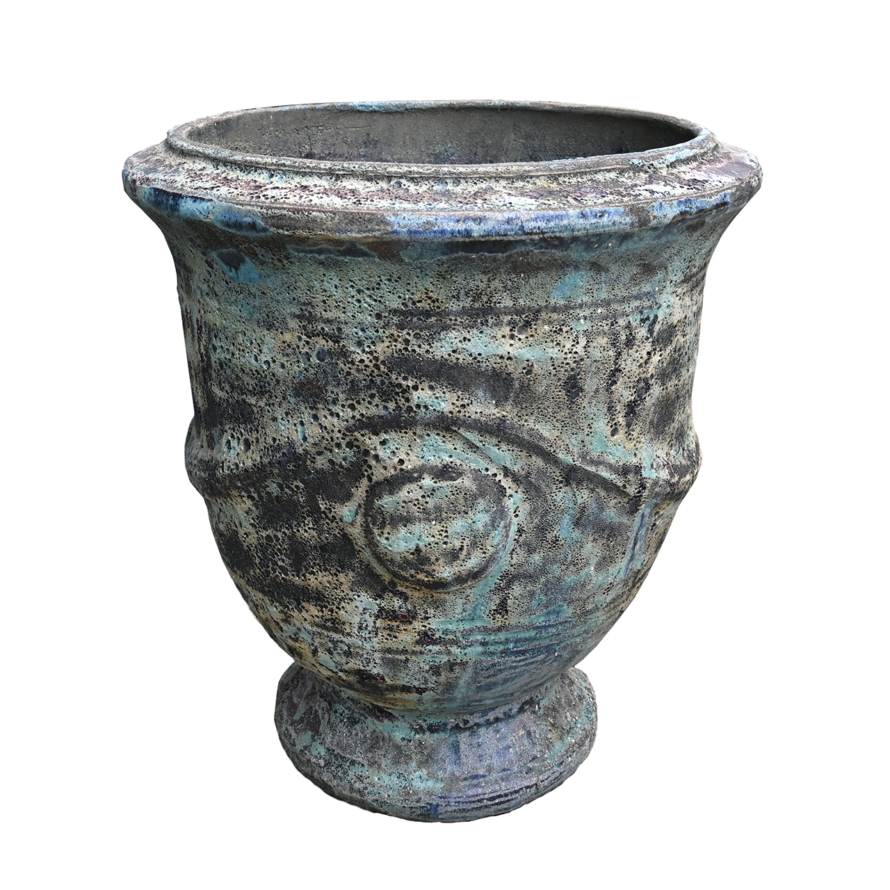 Large Seafoam French Urn Aqua planter, 60x67cm, with a weathered ceramic finish, round base, wide opening, and textured greenish-blue and black spotted surface.