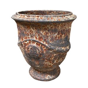 Seafoam French Urn Copper 42x48cm M with a rust-coloured, textured, mottled surface and a wide opening, displayed against a white background.