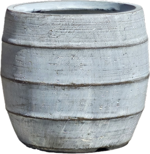 The GeoLite Lined Barrel Grey Wash S pot (34x31cm) features a barrel-shaped, textured grey design with visible horizontal ridges and a slightly weathered look.