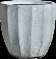 A sturdy, round GeoLite Ribbed Olive Grey Wash S 32x31cm pot features vertical ridges and a slightly tapered base, crafted from concrete.