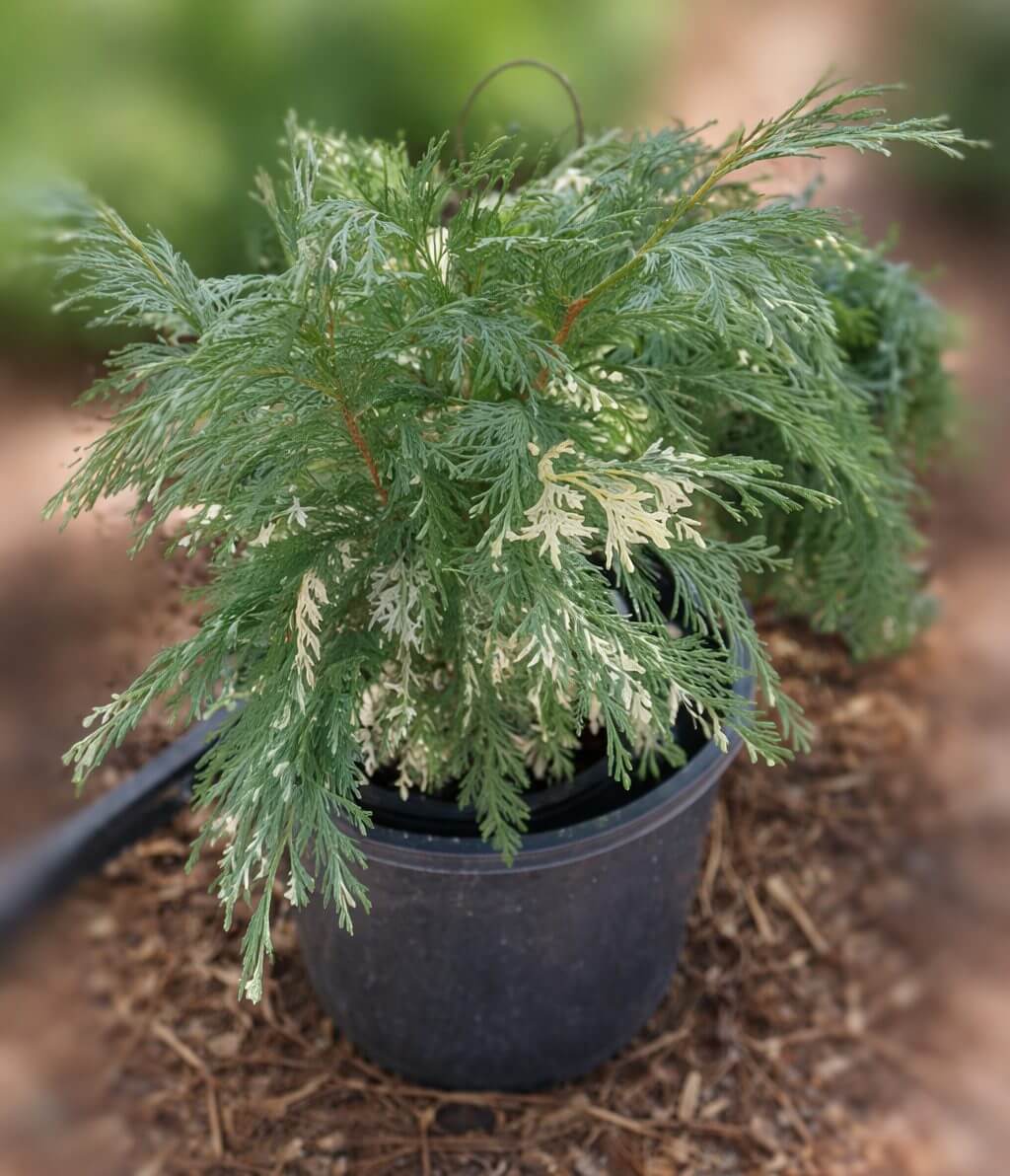 A Callistemon viminalis 'Weeping Bottlebrush' 8" Pot, with graceful foliage, sits on mulch beside a potted variegated conifer against a blurred natural backdrop.