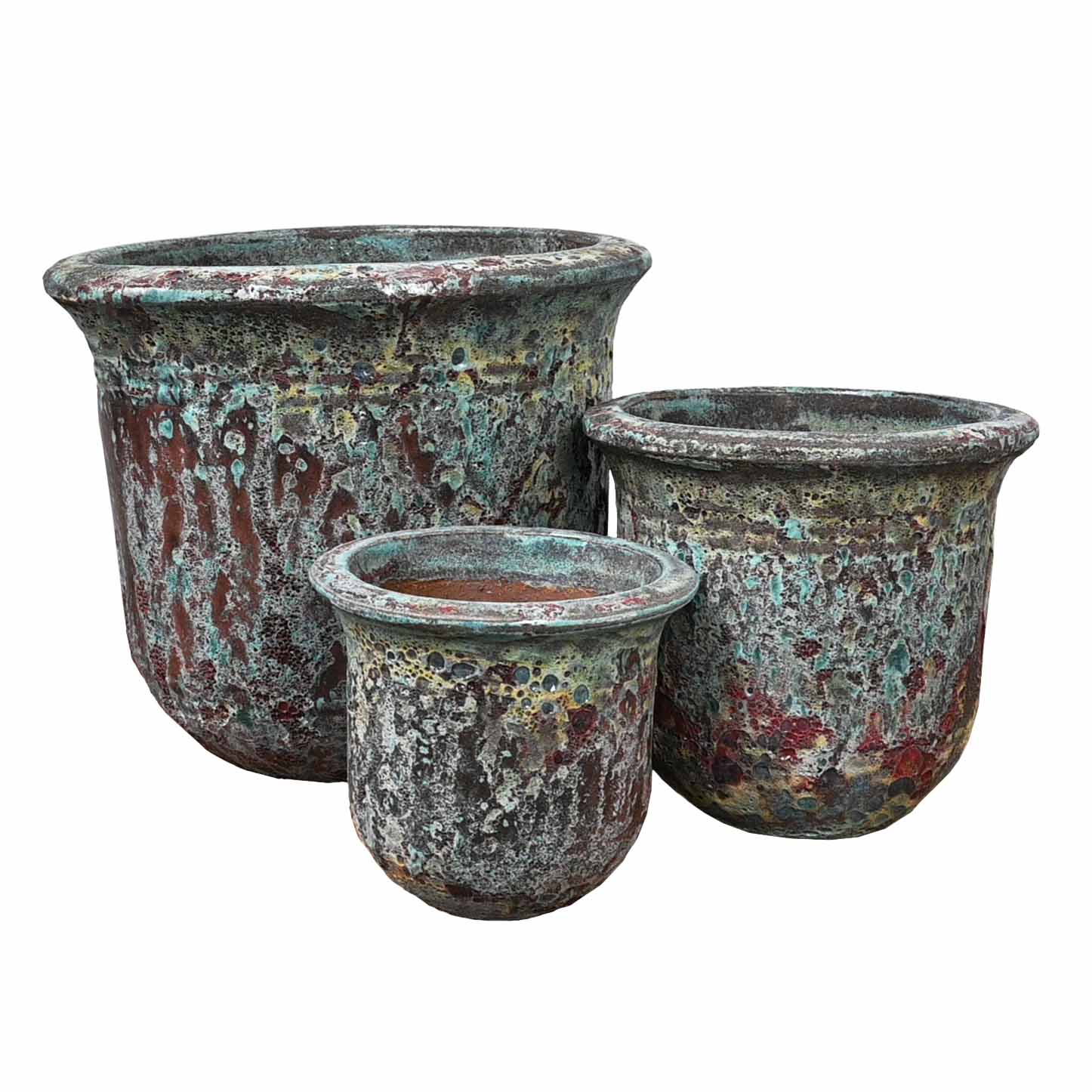Three weathered, round ceramic pots of varying sizes, with a colorful, mottled finish, including the eye-catching Seafoam Verona Planter Aqua 30x26cm, are displayed against a white background.