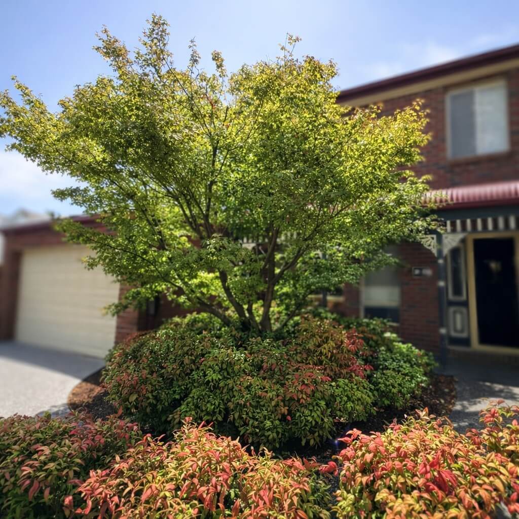 A leafy green tree stands in front of a brick house with a garage and partially visible door, featuring Lomandra 'Tanika®' 2" Pot plants with red-tipped bushes at its base.
