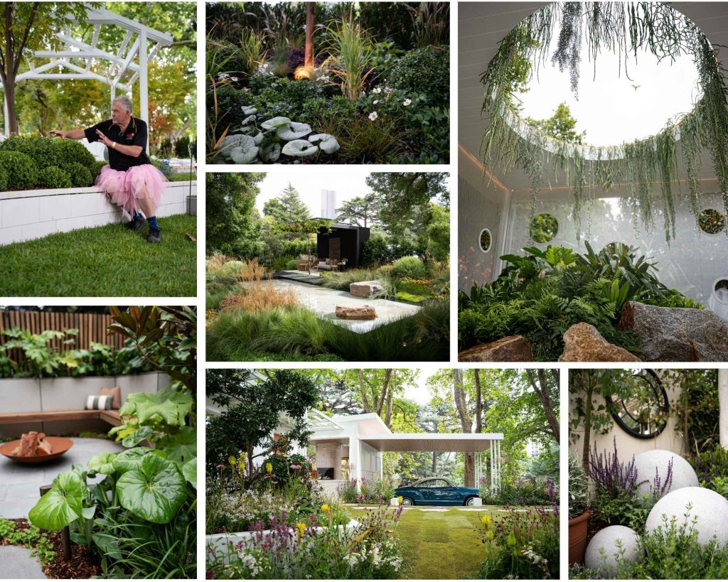 A collage of lush garden scenes reveals the many benefits of gardening with vibrant greenery, flowers, and a serene pond. A man in a tutu adds whimsy amidst modern architecture, complemented by a room with hanging plants and a carport tucked among trees.