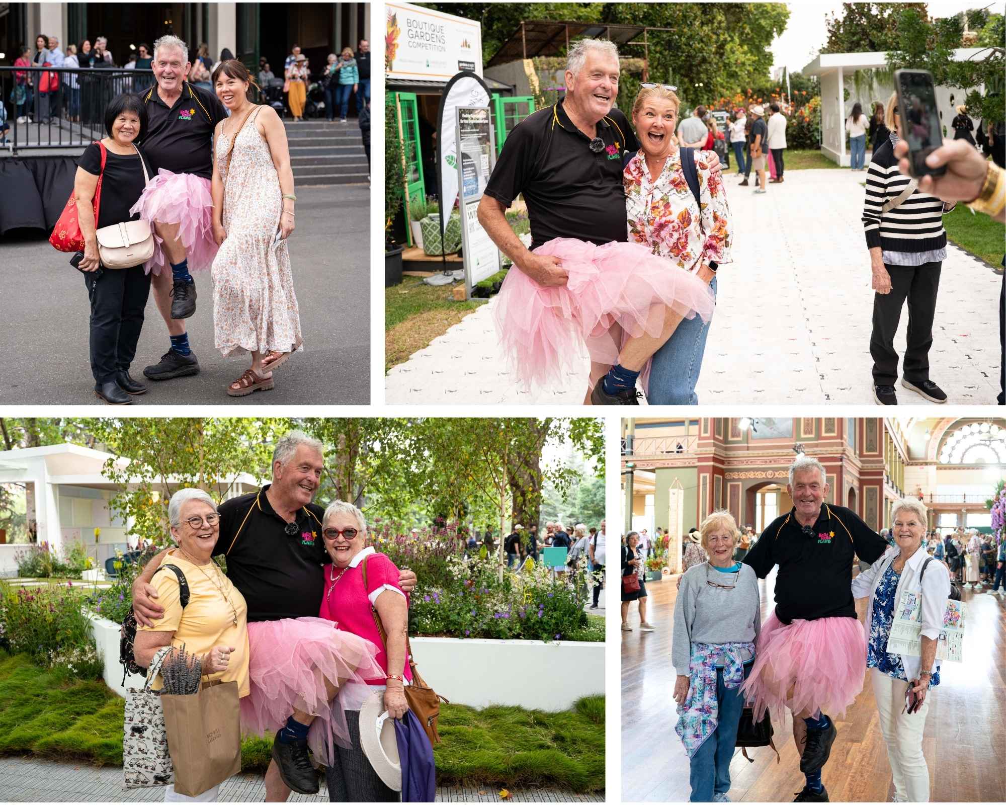 Amidst the lively outdoor event, a man in a pink tutu grins as he poses with various women. He lifts his tutu playfully, surrounded by attendees enjoying the day much like they would enjoy the many benefits of gardening—full of joy and community spirit.