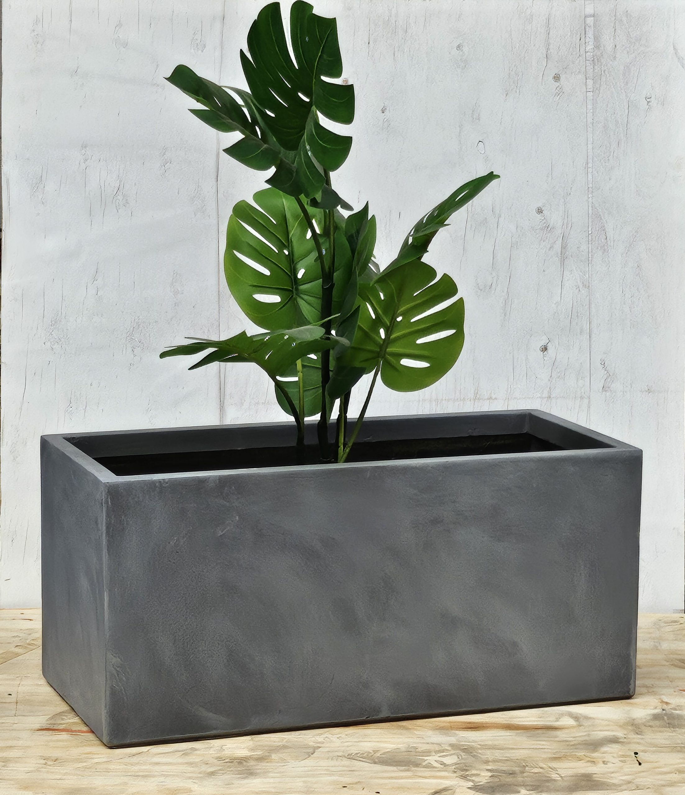 A tall potted plant with large green leaves in a rectangular gray planter, placed on a wooden surface against a textured light background.