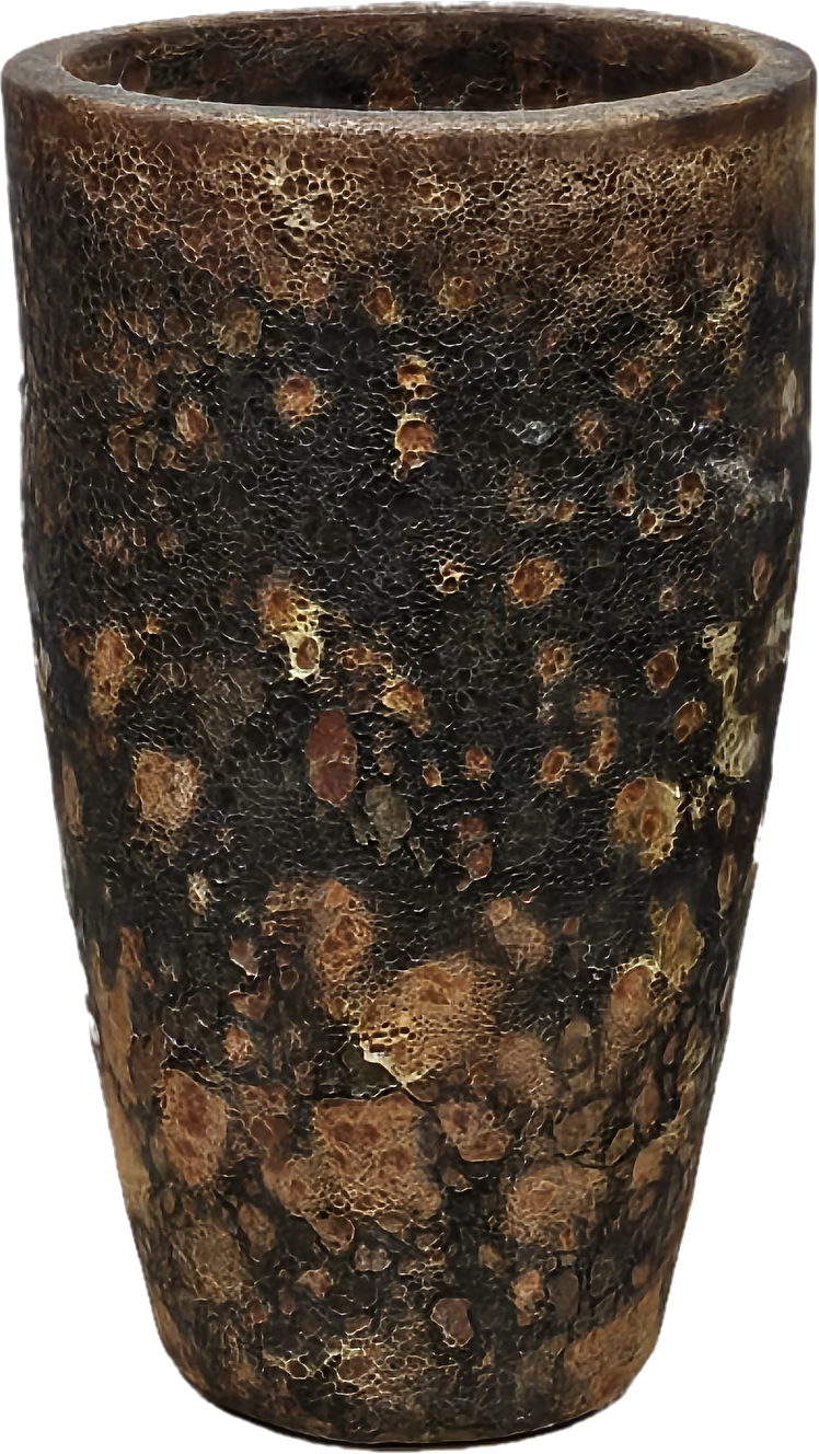 A tall, textured brown and black ceramic vase with a rustic, mottled appearance reminiscent of the Seafoam Cylinder Planter Dark Grey M 30x30cm.