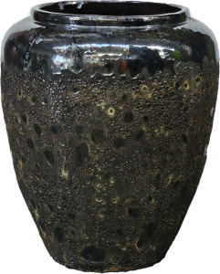 The Sorrento Tall Villa Antique Brown pot displays a textured, dark ceramic design with a glossy finish. Its round shape and wide top opening give it an elegant style, measuring 55x66cm.