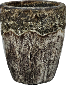 A textured brown and black ceramic cup with a rough, stone-like appearance and uneven surface.