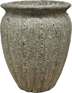 The Sorrento Sofia Urn in Coral Black, sized 34x43cm, features a textured round stone design with a wide rim and porous surface, adding elegance to any space.