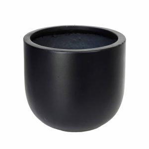 A smooth, matte black cylindrical vase with a wide opening and no visible decorations, set against a plain white background.
