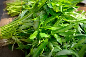 Freshly picked Ipomoea 'Kang Kong' with long stems and leaves lay on a wooden surface.