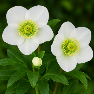 Two Helleborus 'Winter Ballet Lisann' 7" Pot blooms and a bud, with green centers and yellow-tipped stamens, are set against lush green leaves.