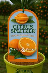 The Citrus Splitzer 'Mandarin and Orange' 4L Pot label displays images of a vibrant mandarin and juicy orange, set against lush trees and fruit, highlighting its unique double-grafted nature.