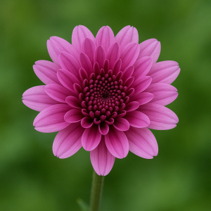 Close-up of a single pink daisy-like flower with layered petals, centered against a blurred green background.