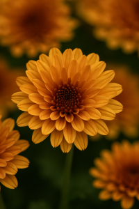 Chrysanthemum ‘Milkshake Papaya Orange’ in a 6" pot, shown in bloom with vibrant flowers and a dark green background—ideal for adding color to any space.