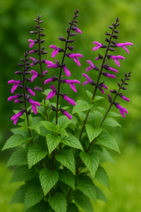 A cluster of green leafy stems of Salvia 'Lake Garda' 4" Pot, featuring tall spikes of purple tubular flowers set against a blurred green background.