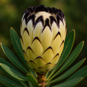 A close-up of the Protea ‘Christine’ flower bud—pale yellow petals edged in black, surrounded by long green leaves—perfect for growing in a 6" pot.