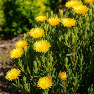 A cluster of succulent plants with thick green stems and bright yellow daisy-like flowers growing outdoors in sunlight.