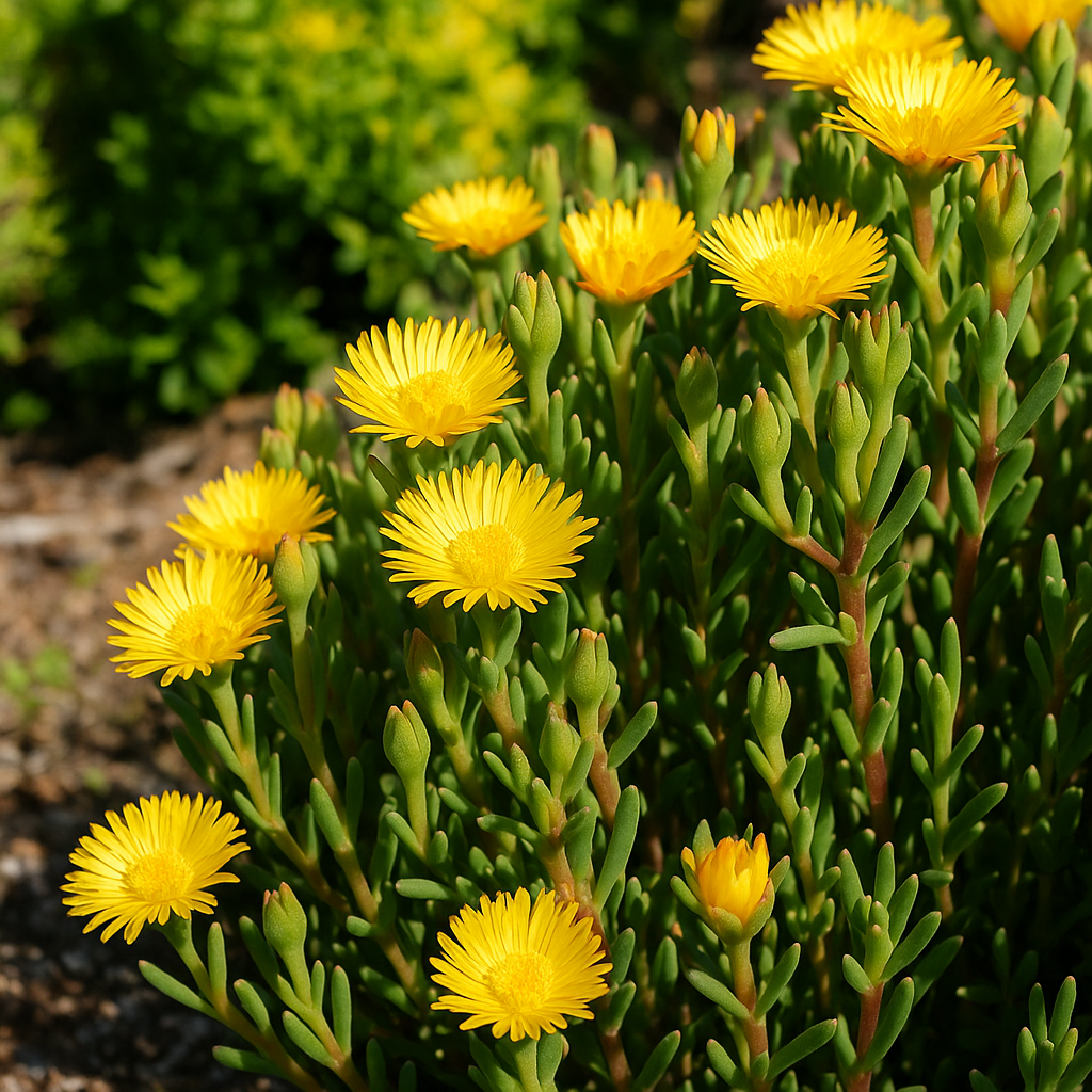 A cluster of succulent plants with thick green stems and bright yellow daisy-like flowers growing outdoors in sunlight.