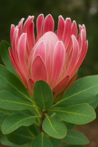 A close-up of the Leucospermum ‘So® Exquisite’ in a 6" pot displays its detailed pink petals and lush green leaves, highlighting the flower’s soft texture against a softly blurred natural background.