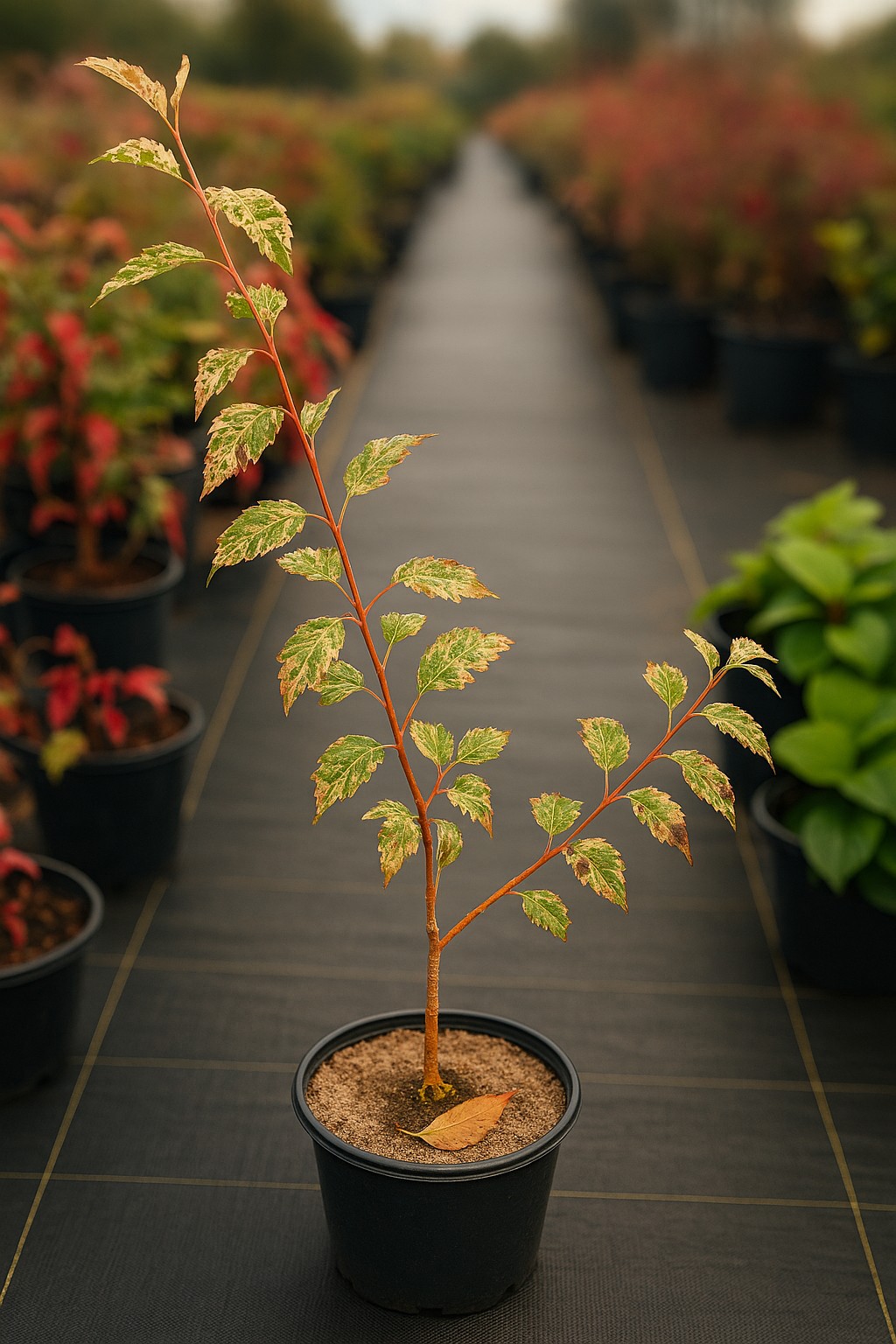 An Acer 'Stardust' Maple in an 8" pot with variegated leaves sits on a black mat in an outdoor nursery, surrounded by rows of similar plants.