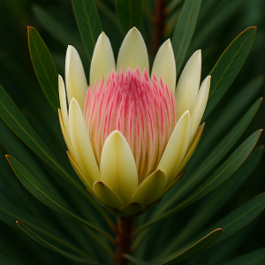A close-up of the Protea ‘Juliet’ 6" Pot shows cream outer petals, a pink center, and elongated green leaves.