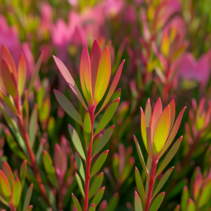 Close-up of Berzelia 'Buttonbush Rose' in a 6" pot, showcasing its vibrant pink and green foliage, with a softly blurred background hinting at similar botanical textures.