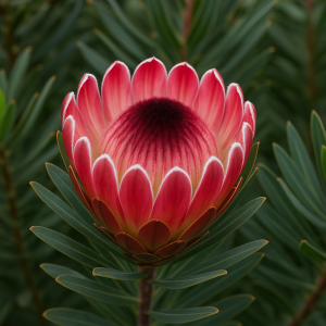 A close-up of the Protea ‘Madiba’ in a 6" pot shows its flower bud surrounded by dark green, elongated leaves.