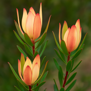 The Leucadendron 'Joy' 6" Pot features three tall stems with yellow and orange-tipped petals and vibrant green leaves, making it a perfect accent for any space.