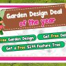 Promotional sign for a garden design deal, featuring a fairy character and offers for a free garden design, free delivery, a free $199 feature tree, and festive Christmas trees.